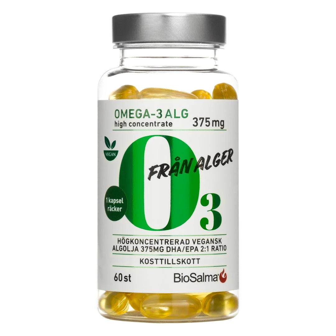 BioSalma Omega-3 Alg 375 mg 60 caps läpinäkyvässä purkissa, jossa on valkoinen etiketti ja kultaisia kapseleita.
