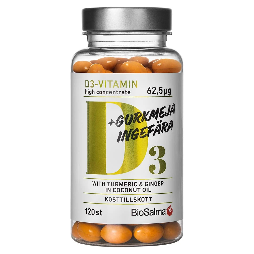 BioSalma D3 + Gurkmeja & Ingefära 120 caps -ravintolisä läpinäkyvässä purkissa oransseilla kapseleilla.