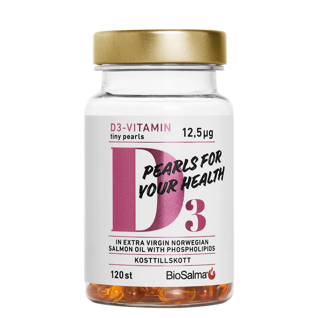 BioSalma D3-vitamin Tiny Pearls 12.5ug 120 caps läpinäkyvässä purkissa, jossa kultainen kansi ja valko-pinkki etiketti.