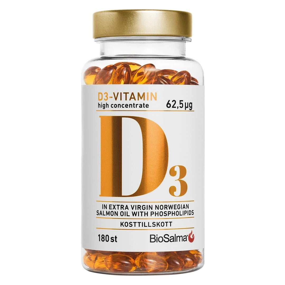 BioSalma D3-vitamin high concentrate 62.5 ug 180 caps kultaisina kapseleina kirkkaassa, kultakorkkisessa purkissa.