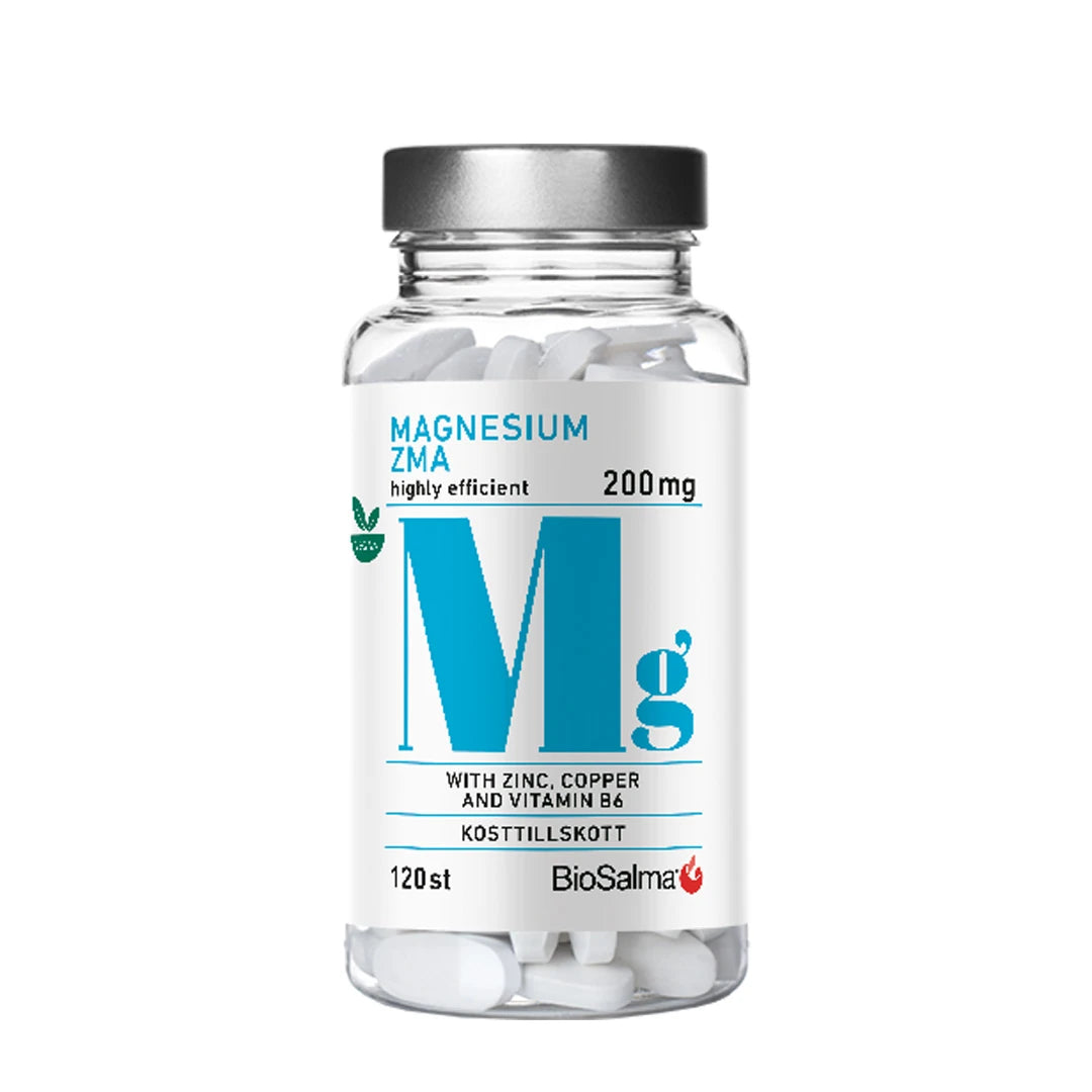 BioSalma Magnesium ZMA 200 mg 120 tabs läpinäkyvässä muovipurkissa, jossa on hopeanvärinen kansi ja valkoinen etiketti vaaleansinisillä yksityiskohdilla.