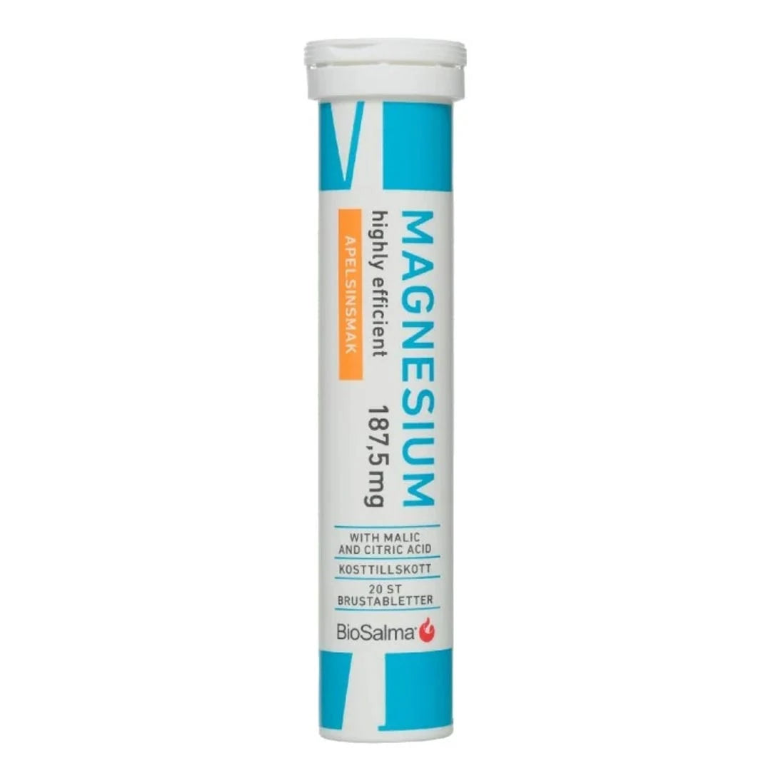 BioSalma Magnesium Brus 20 tabs, valkoinen putkilo vaaleansinisillä yksityiskohdilla appelsiininmakuisille poretableteille.