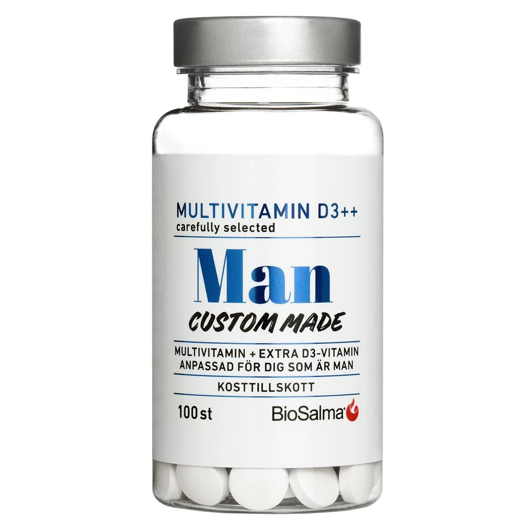 BioSalma Multivitamin Man D3++ 100 tabs läpinäkyvässä purkissa, jossa on valkoinen etiketti ja valkoisia tabletteja.