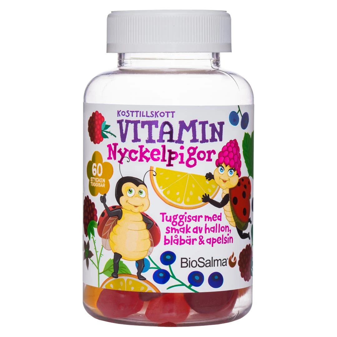 BioSalma Multivitamin Nyckelpiga Barn 60 pcs läpinäkyvässä muovipurkissa värikkäillä hyönteis- ja marjakuvituksilla.