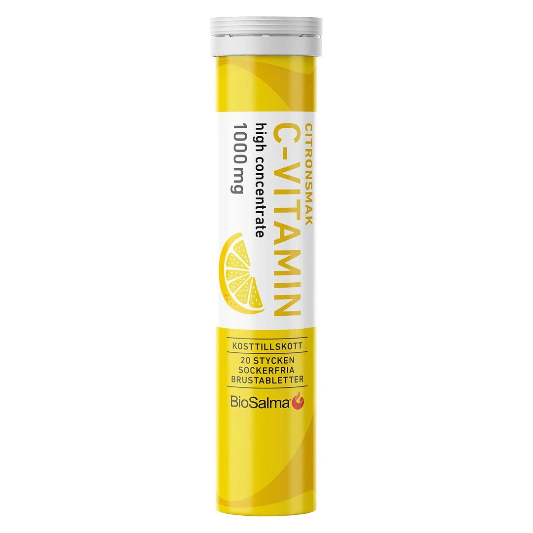 BioSalma C-vitamin Brus 20 pcs keltaisessa putkilossa, sitruunanmakuinen ja tekstillä high concentrate 1000 mg.
