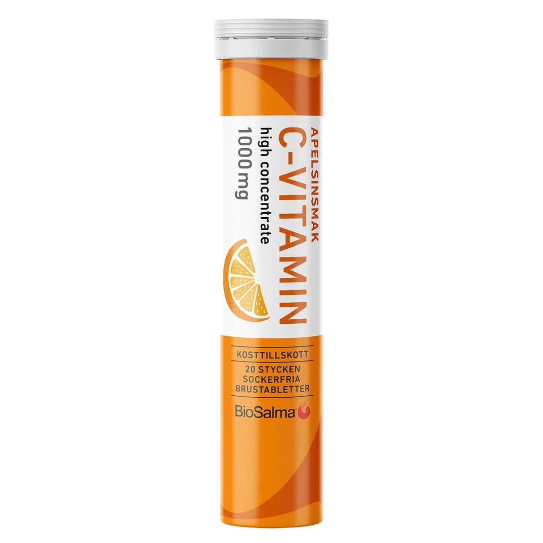 BioSalma C-vitamin Brus 20 pcs -poretabletit oranssivalkoisessa putkilossa, makuna appelsiini.