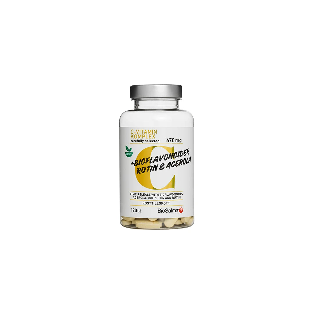 BioSalma C-vitaminkomplex + Bioflavonider 120 tabs läpinäkyvässä purkissa valko-keltaisella etiketillä.