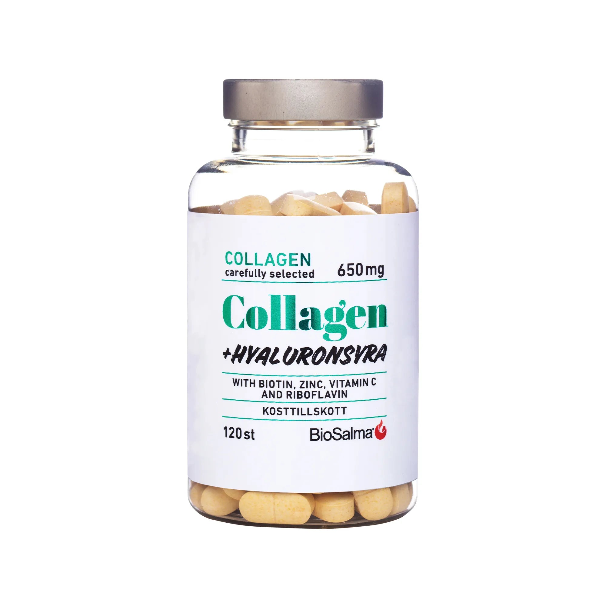 BioSalma Collagen + Hyaluronsyra 120 tabs läpinäkyvässä purkissa, jossa on valkoinen etiketti ja vihreitä yksityiskohtia.