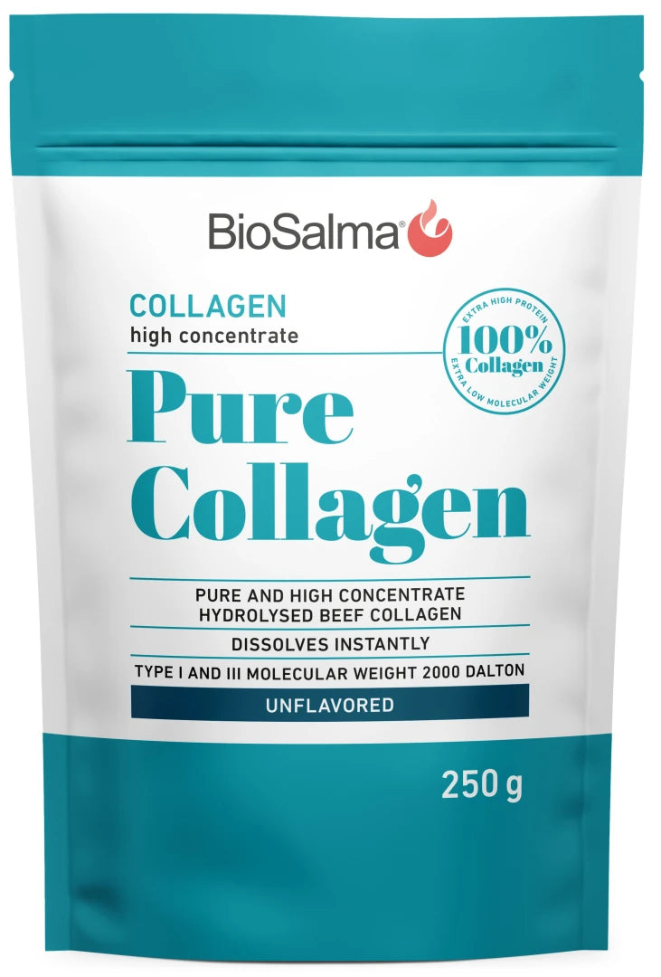 Maustamaton BioSalma Pure Collagen 250 g -kollageenijauhe valkoisessa pussissa turkooseilla yksityiskohdilla.