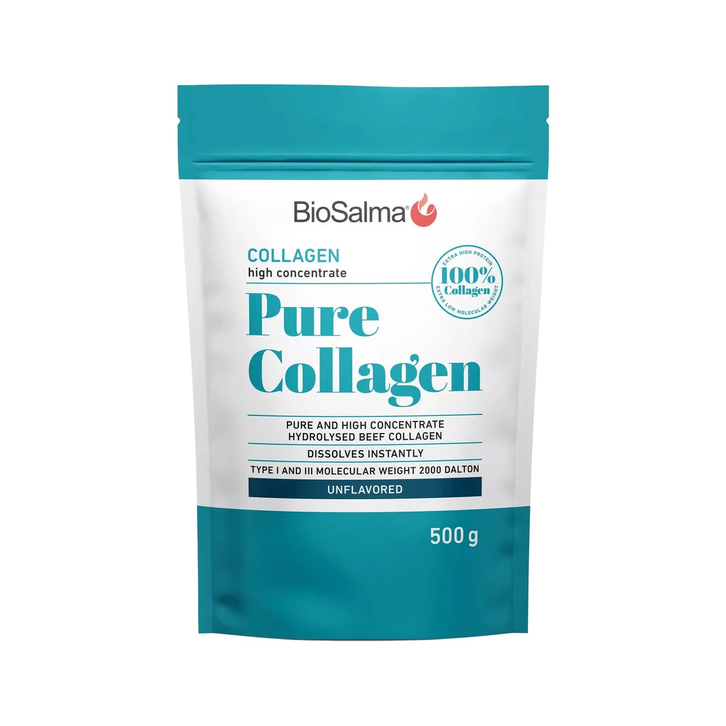 BioSalma Pure Collagen 500 g -kollageenijauhe valkoisessa pussissa turkooseilla yksityiskohdilla, neutraali maku.