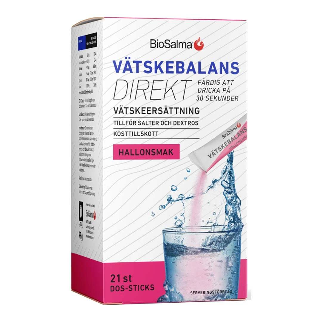 BioSalma Vätskebalans Direkt 21 pcs -elektrolyyttivalmiste valko-vaaleanpunaisessa rasiassa, makuna vadelma.