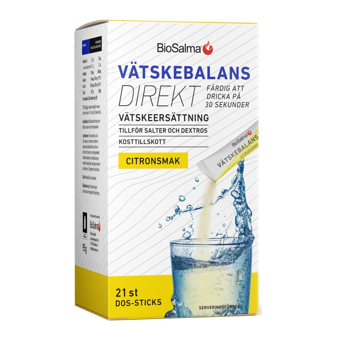 BioSalma Vätskebalans Direkt 21 pcs -nesteytysvalmiste, valko-keltainen sitruunanmakuinen kartonki ja vesilasi.