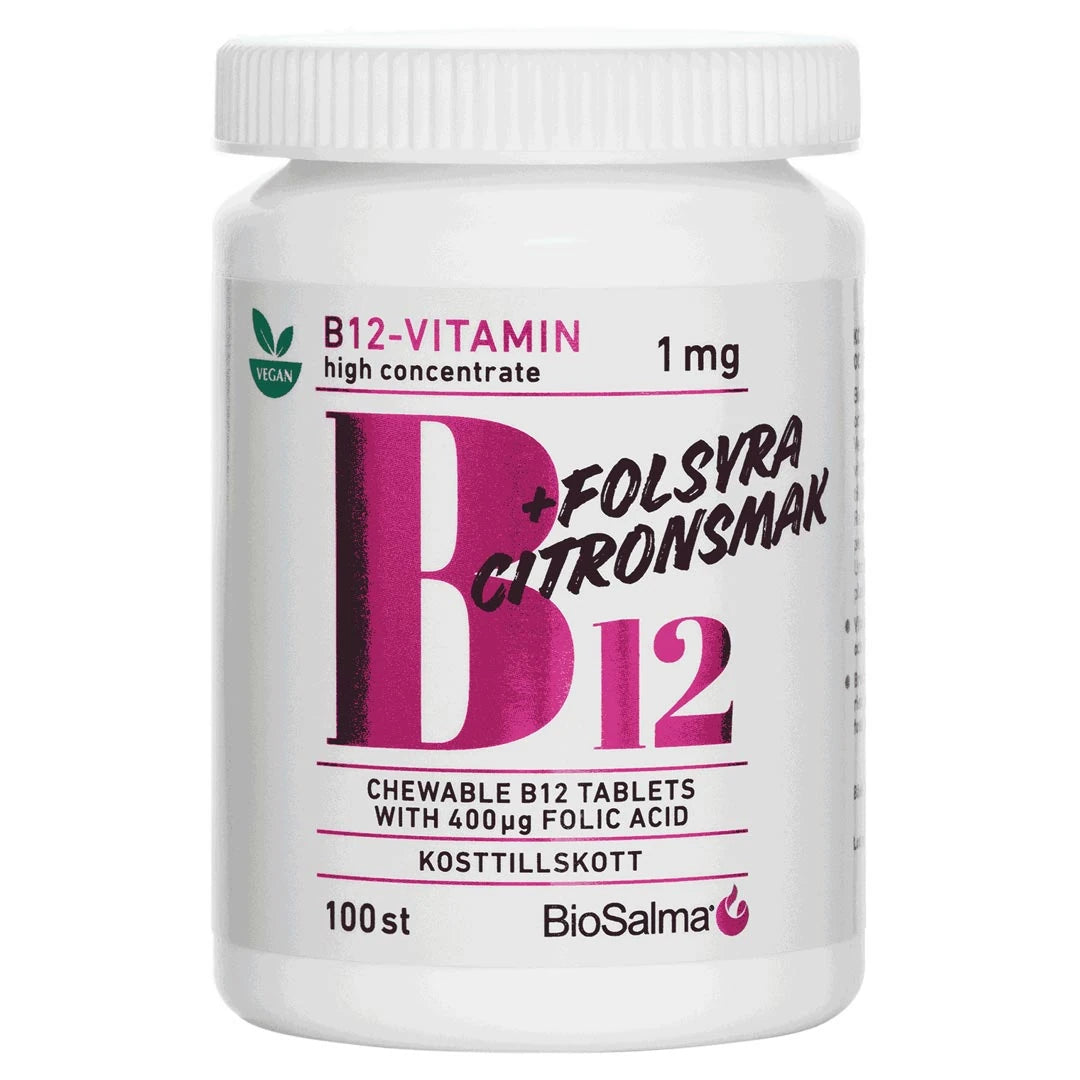 BioSalma B12 Vitamin + Folsyra 100 pcs sitruunanmakuisia purutabletteja valkoisessa purkissa, jossa on iso vaaleanpunainen teksti.