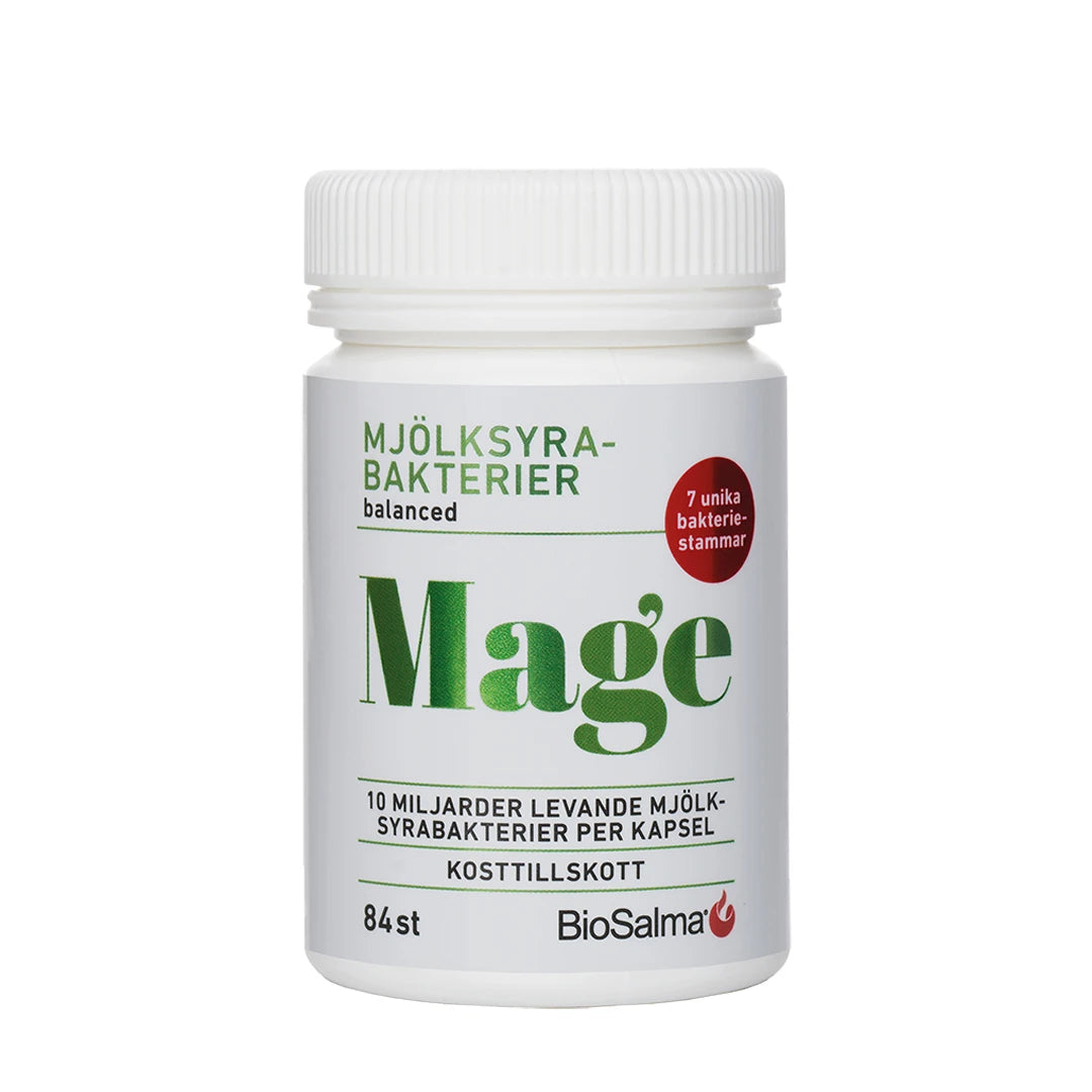 BioSalma Mjölksyrabakterier Mage 84 caps -ravintolisä valkoisessa muovipurkissa, jossa on vihreä teksti.