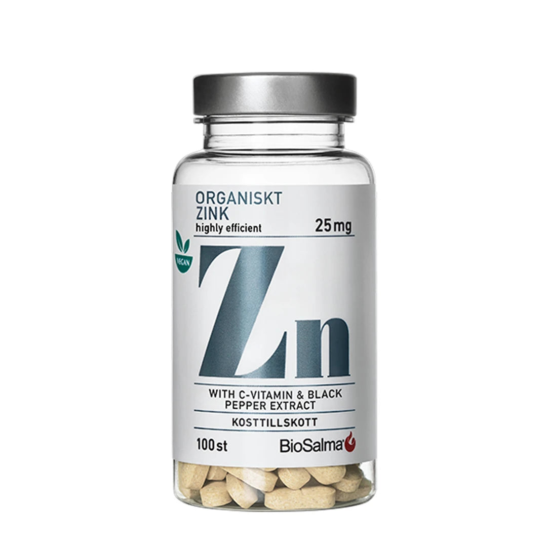 BioSalma Organiskt Zink 25 mg 100 tabs läpinäkyvässä purkissa hopeisella kannella ja valkoisella etiketillä.