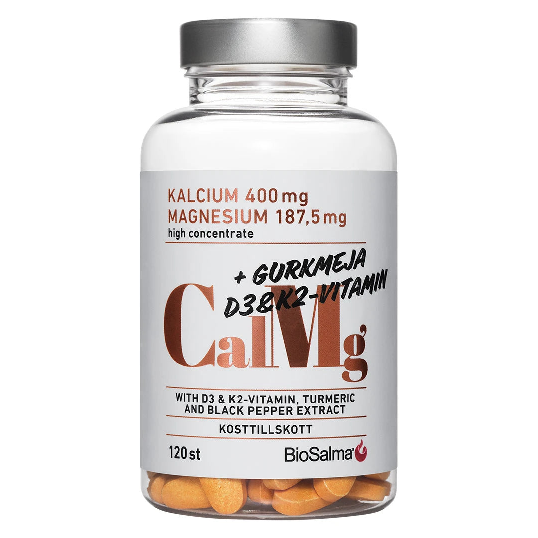 BioSalma Kalcium+ Magnesium 120 tabs läpinäkyvässä purkissa, jossa musta kansi ja valkoinen etiketti kupariyksityiskohdin.