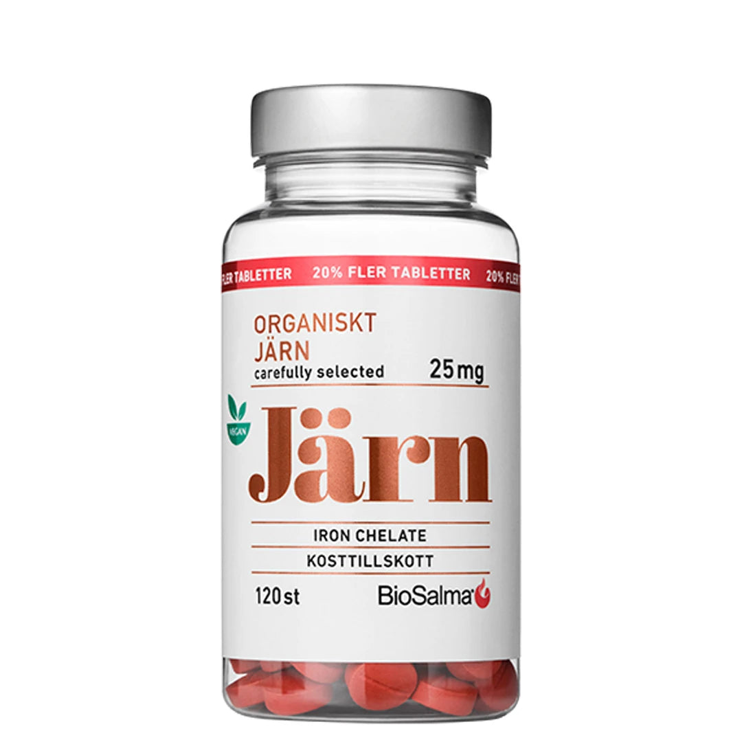 BioSalma Organiskt Järn 25 mg 120 tabs läpinäkyvässä purkissa, jossa on hopeinen kansi ja näkyvät punaiset tabletit.