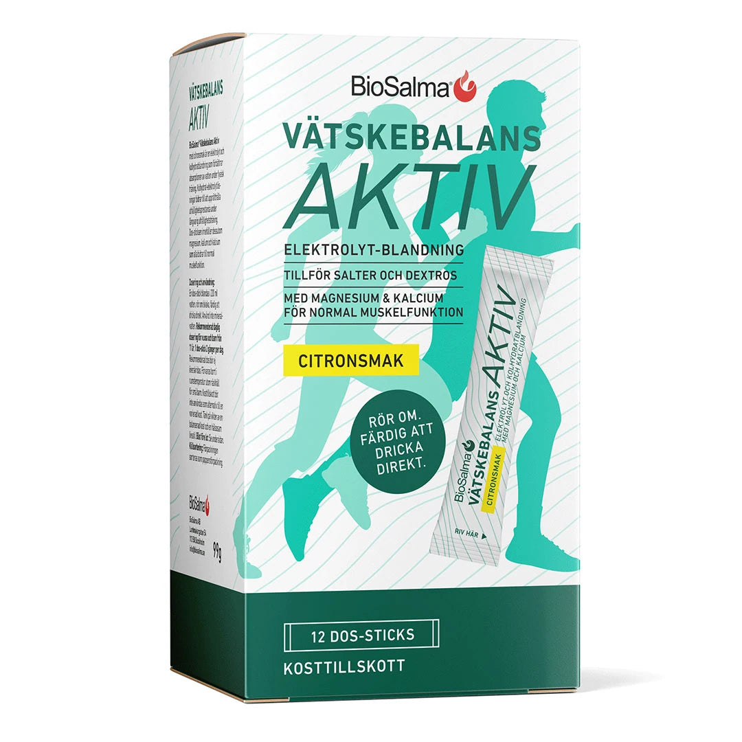 BioSalma Vätskebalans Aktiv 12 pcs sitruunanmakuinen nestetasapainovalmiste valkovihreässä pahvirasiassa.