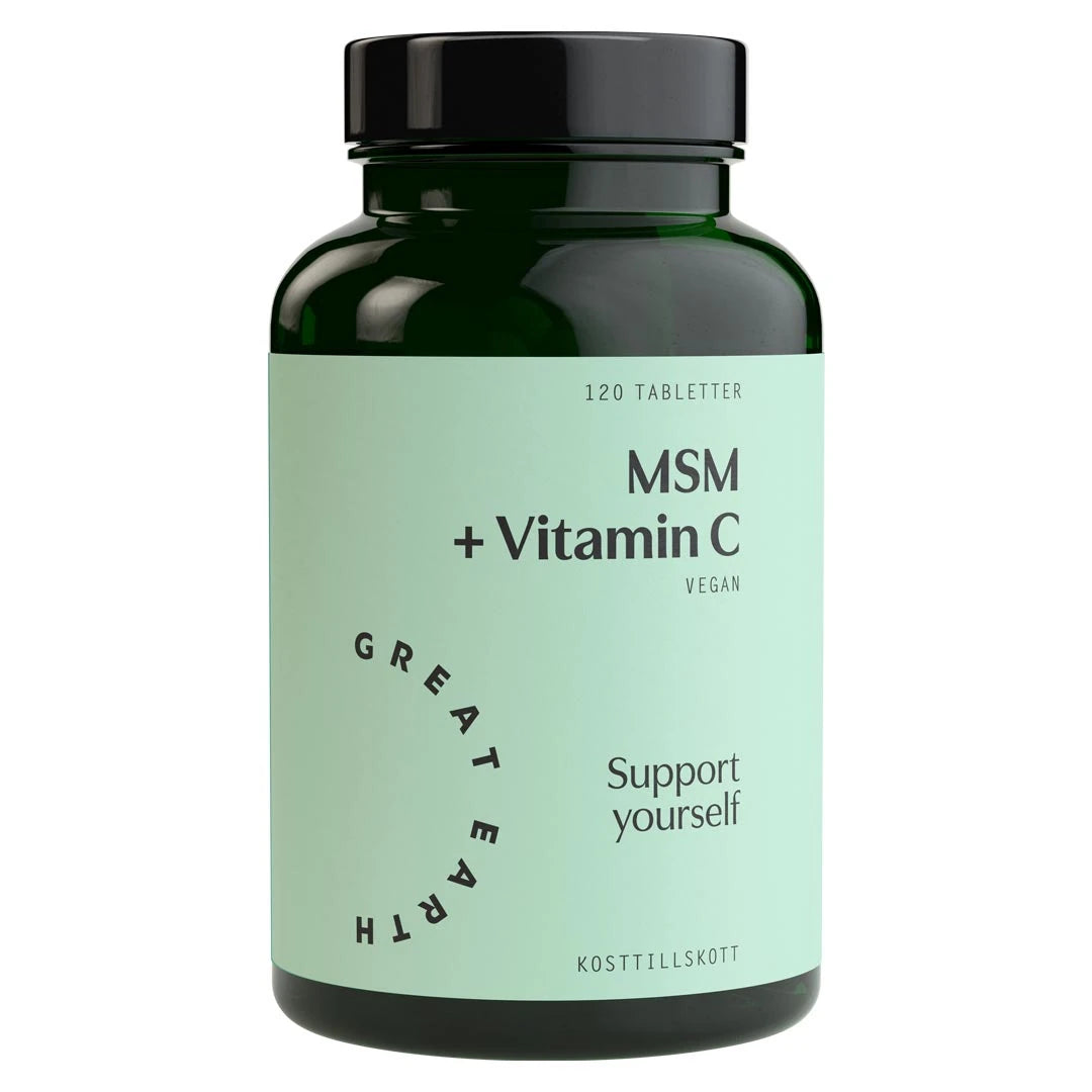 Great Earth MSM + Vitamin C 120 tab tummanvihreässä purkissa, jossa on musta kansi ja vaaleanvihreä etiketti.