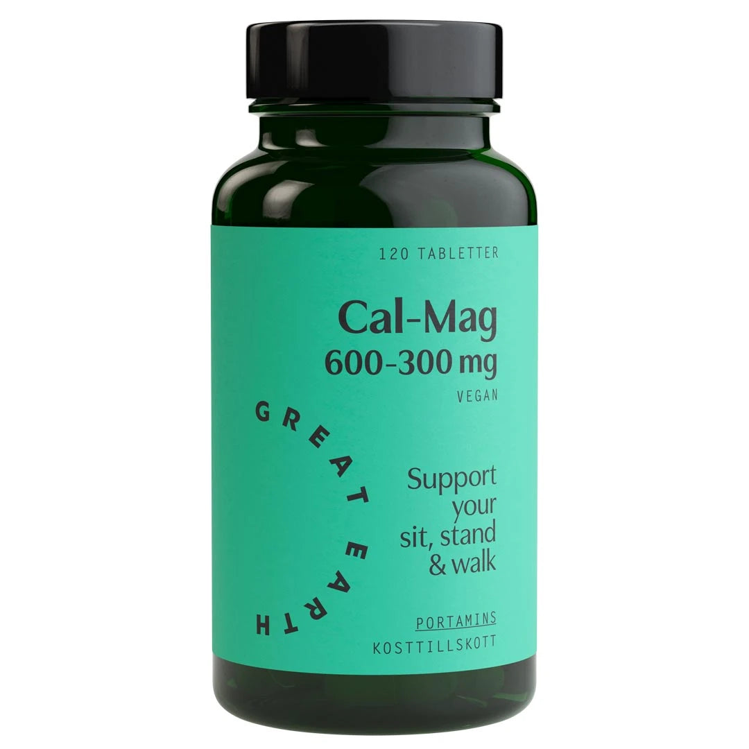 Great Earth Cal-Mag 600-300 mg 120 tab -vegaaniset mineraalit tummanvihreässä purkissa, jossa on turkoosi etiketti.