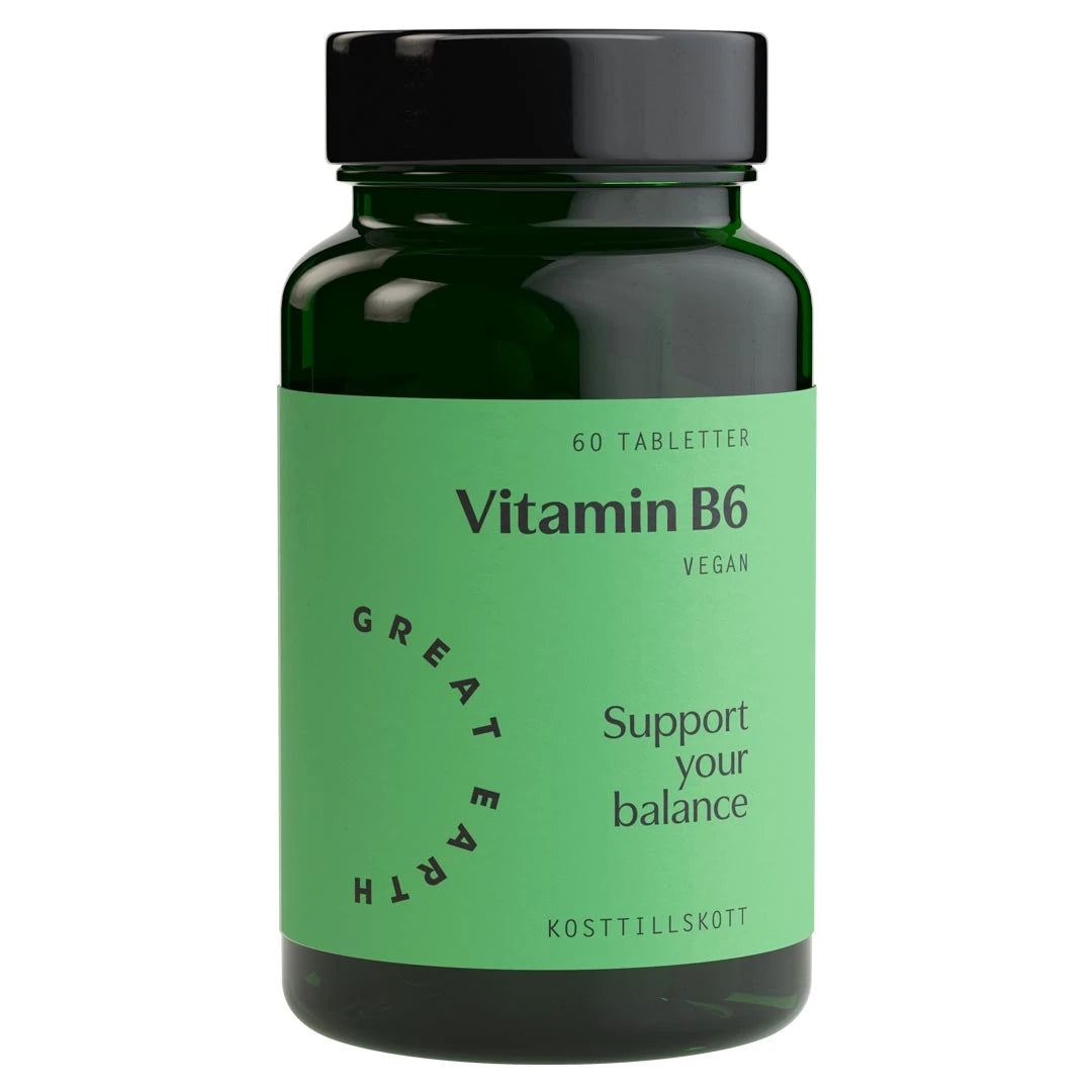 Great Earth Vitamin B6 60 tabs -ravintolisä tummanvihreässä purkissa, jossa on vaaleanvihreä etiketti ja musta kansi.