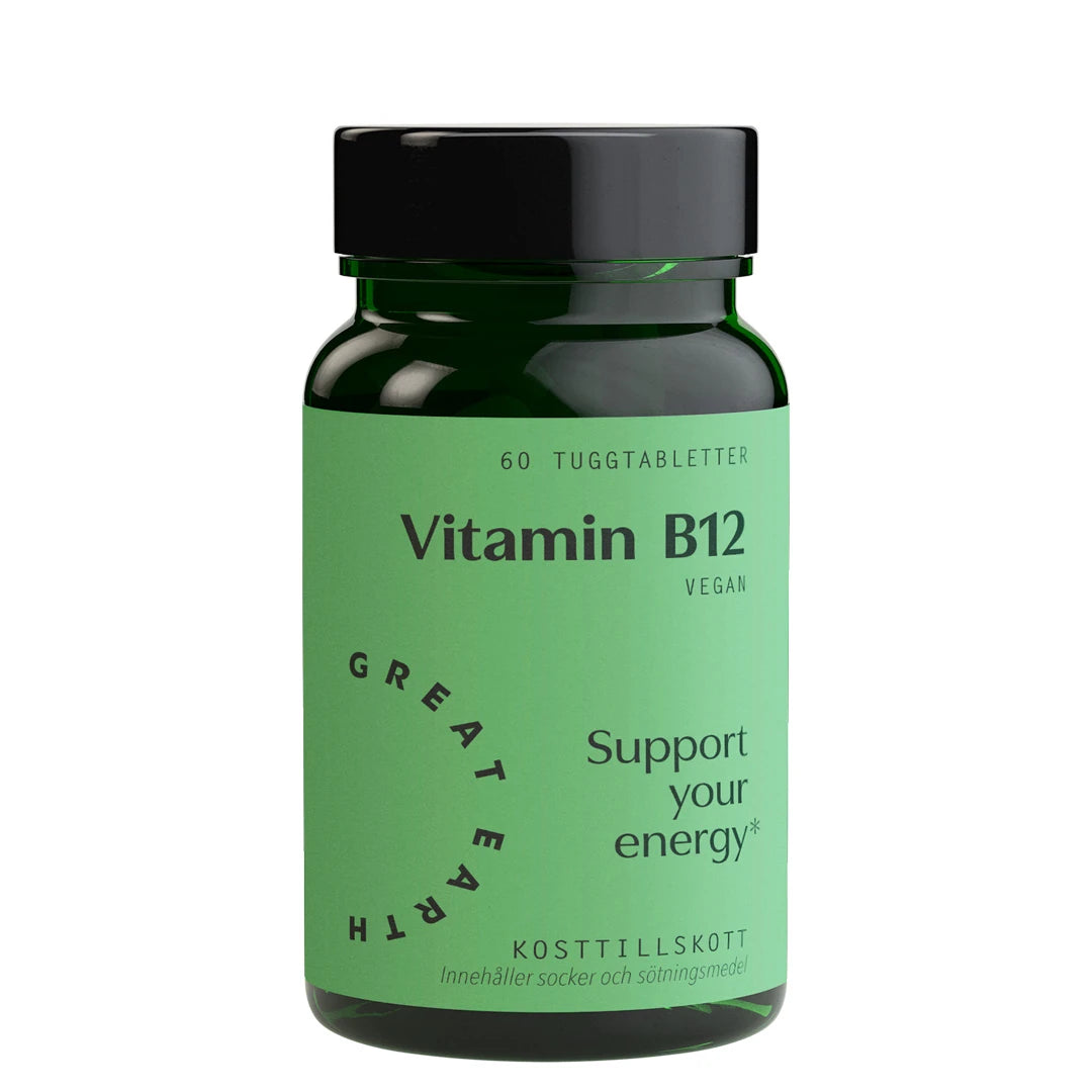 Great Earth Vitamin B12 60 purutablettia pakattuna vihreään purkkiin, jossa on musta kansi.