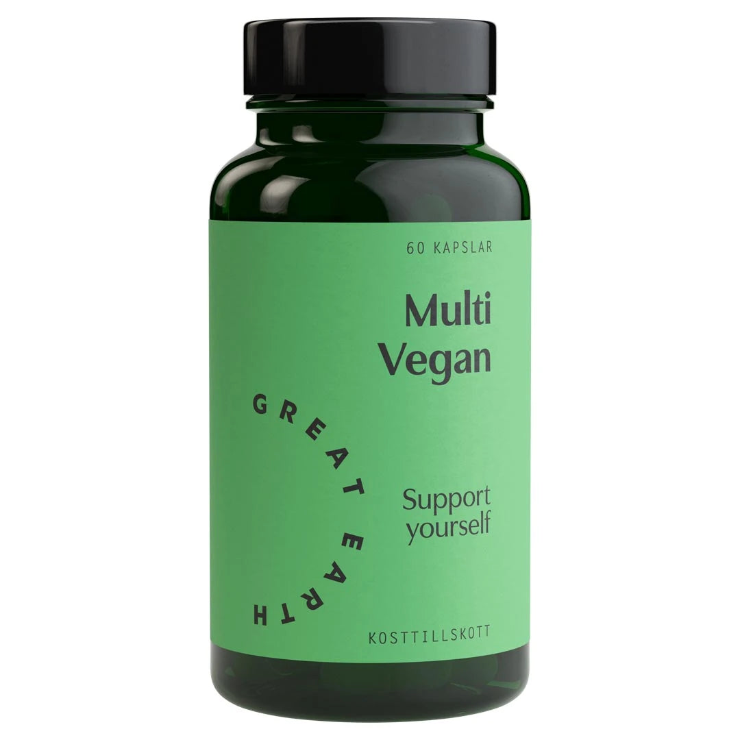 Great Earth Multi Vegan 60 caps, vegaaninen monivitamiini tummanvihreässä purkissa vaaleanvihreällä etiketillä.