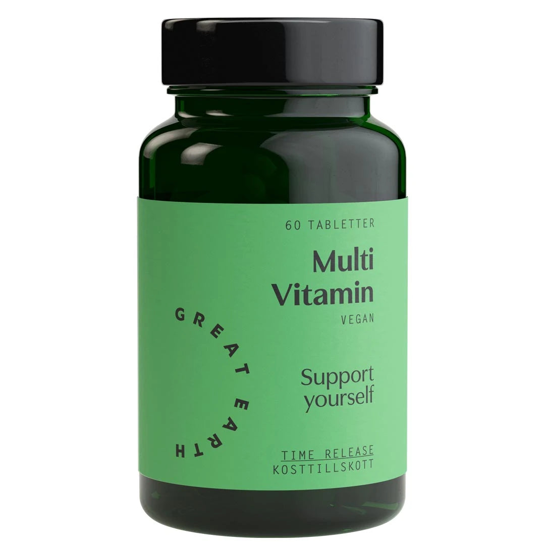 Great Earth Multi Vitamin 60 tabs tummanvihreässä purkissa, jossa on musta kansi ja vaaleanvihreä etiketti.