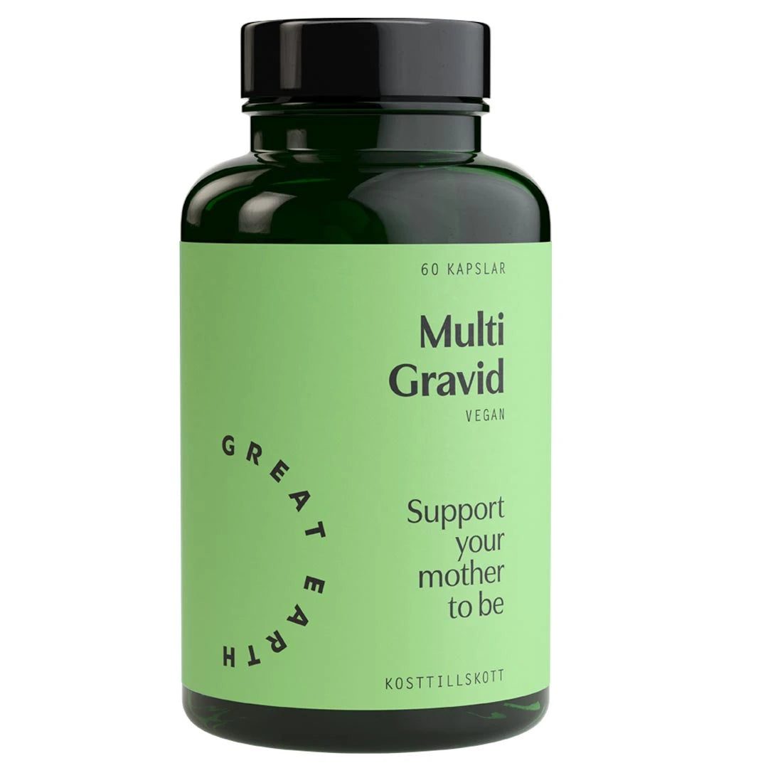 Great Earth Multi Gravid 60 kap, vegaaninen monivitamiini, tummanvihreässä purkissa vaaleanvihreällä etiketillä.