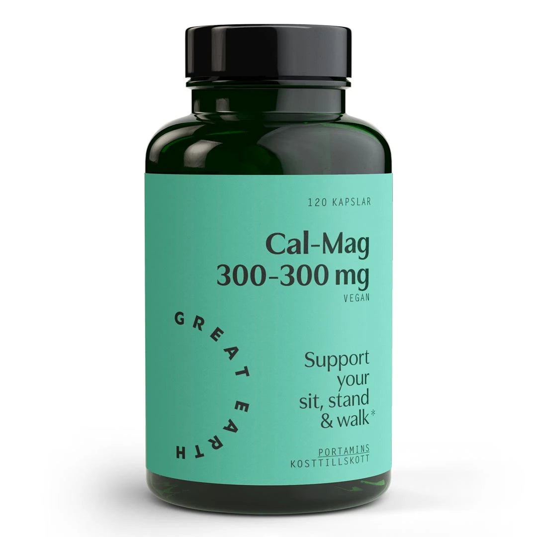 Great Earth Cal-Mag 300-300 mg 120 caps -ravintolisä tummanvihreässä purkissa, jossa on musta kansi ja turkoosi etiketti.