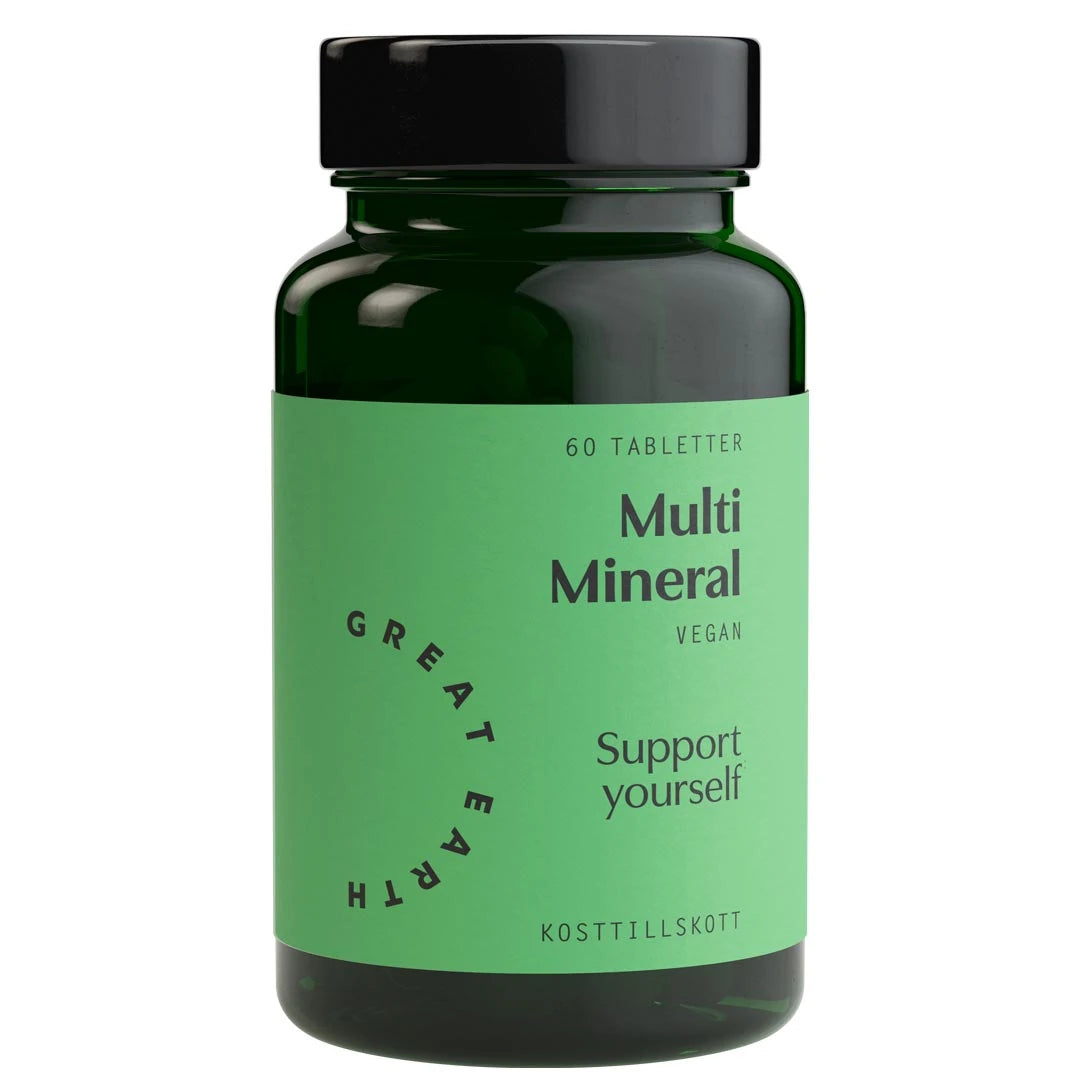 Great Earth Multi Mineral 60 tabs -vegaaninen ravintolisä tummanvihreässä purkissa vaaleanvihreällä etiketillä.