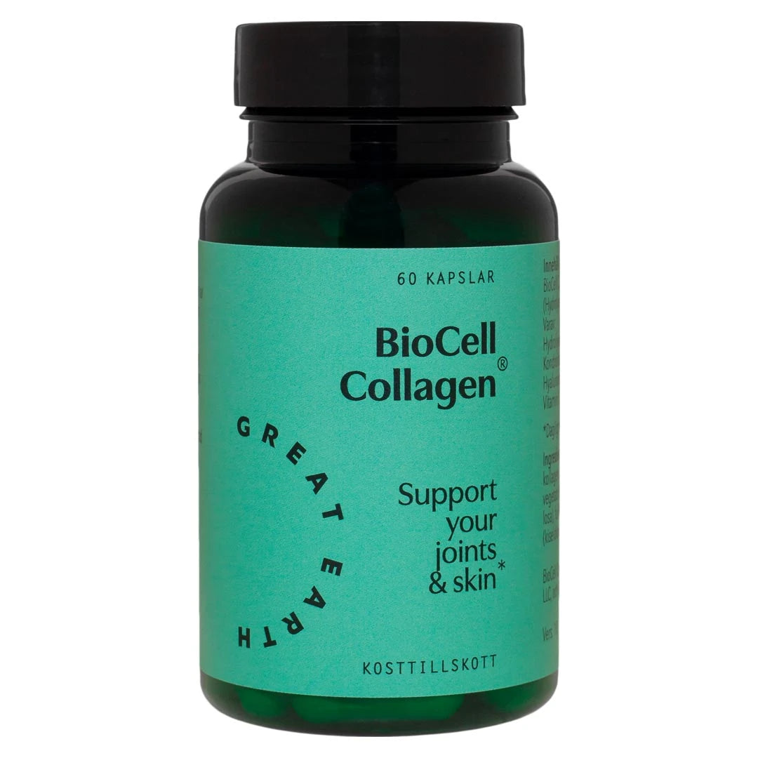 Great Earth BioCell Collagen 60 caps -ravintolisä tummassa purkissa vihreällä etiketillä.