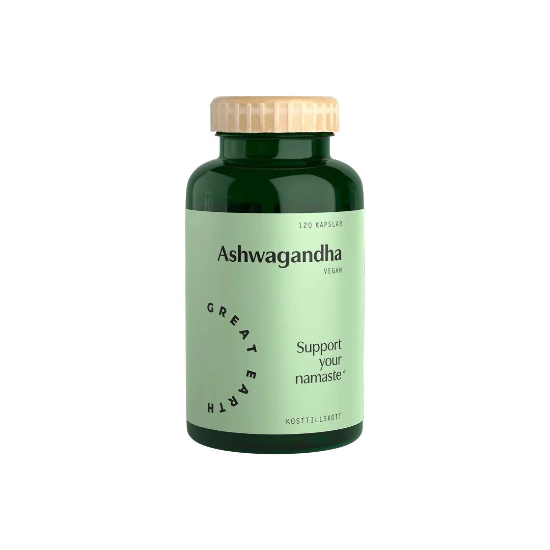 Great Earth Ashwagandha 120 caps tummanvihreässä purkissa, jossa on vaaleanvihreä etiketti ja vaalea puunvärinen kansi.