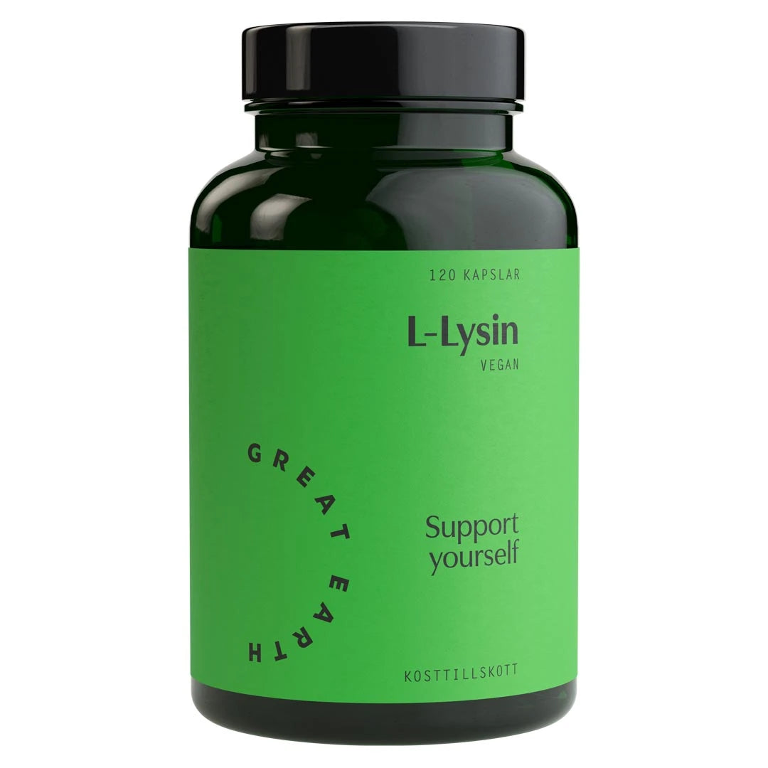 Great Earth L-Lysin 120 caps, vegaaninen ravintolisä tummanvihreässä purkissa vaaleanvihreällä etiketillä.
