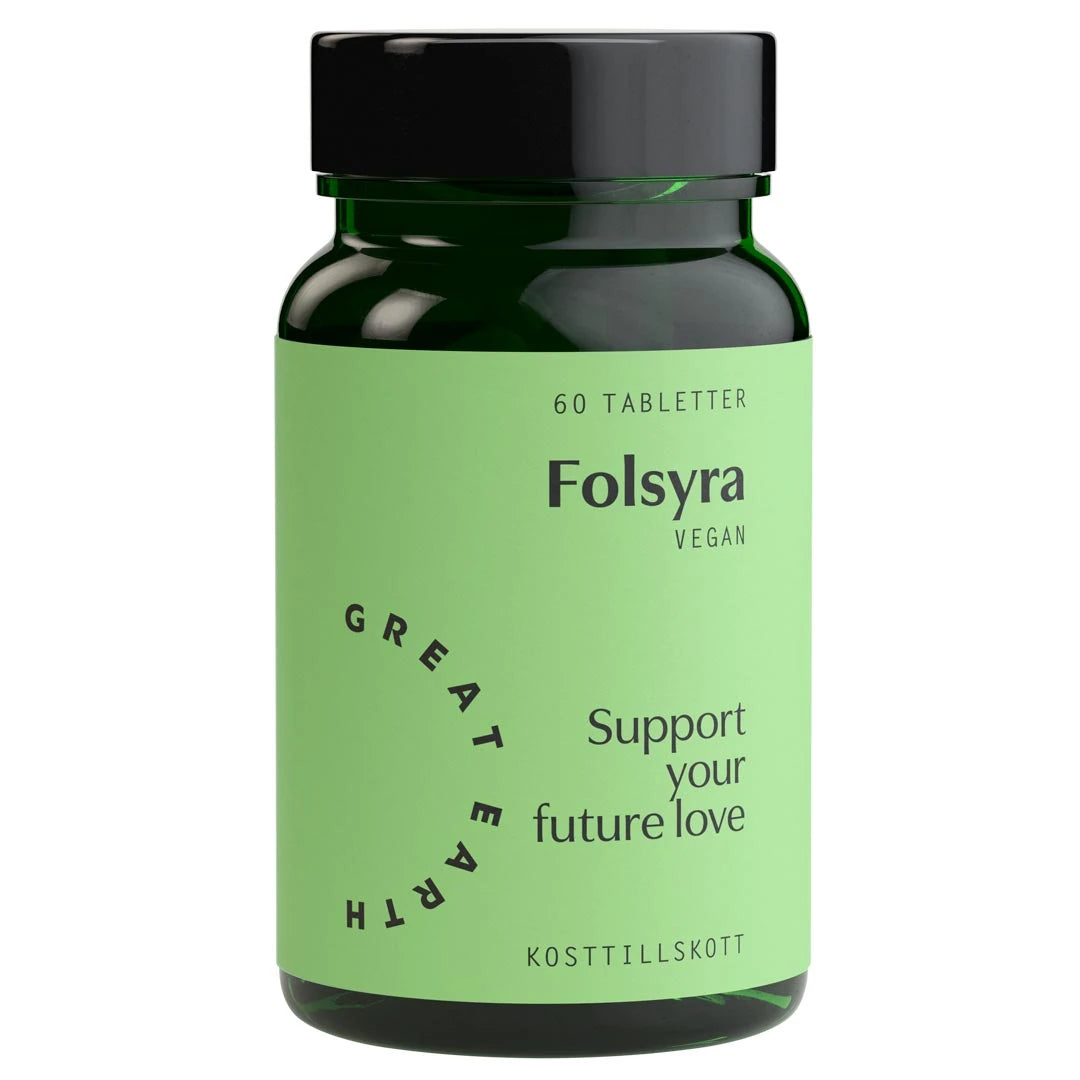 Great Earth Folsyra 60 tabs -ravintolisä tummanvihreässä purkissa, jossa on musta kansi ja vaaleanvihreä etiketti.