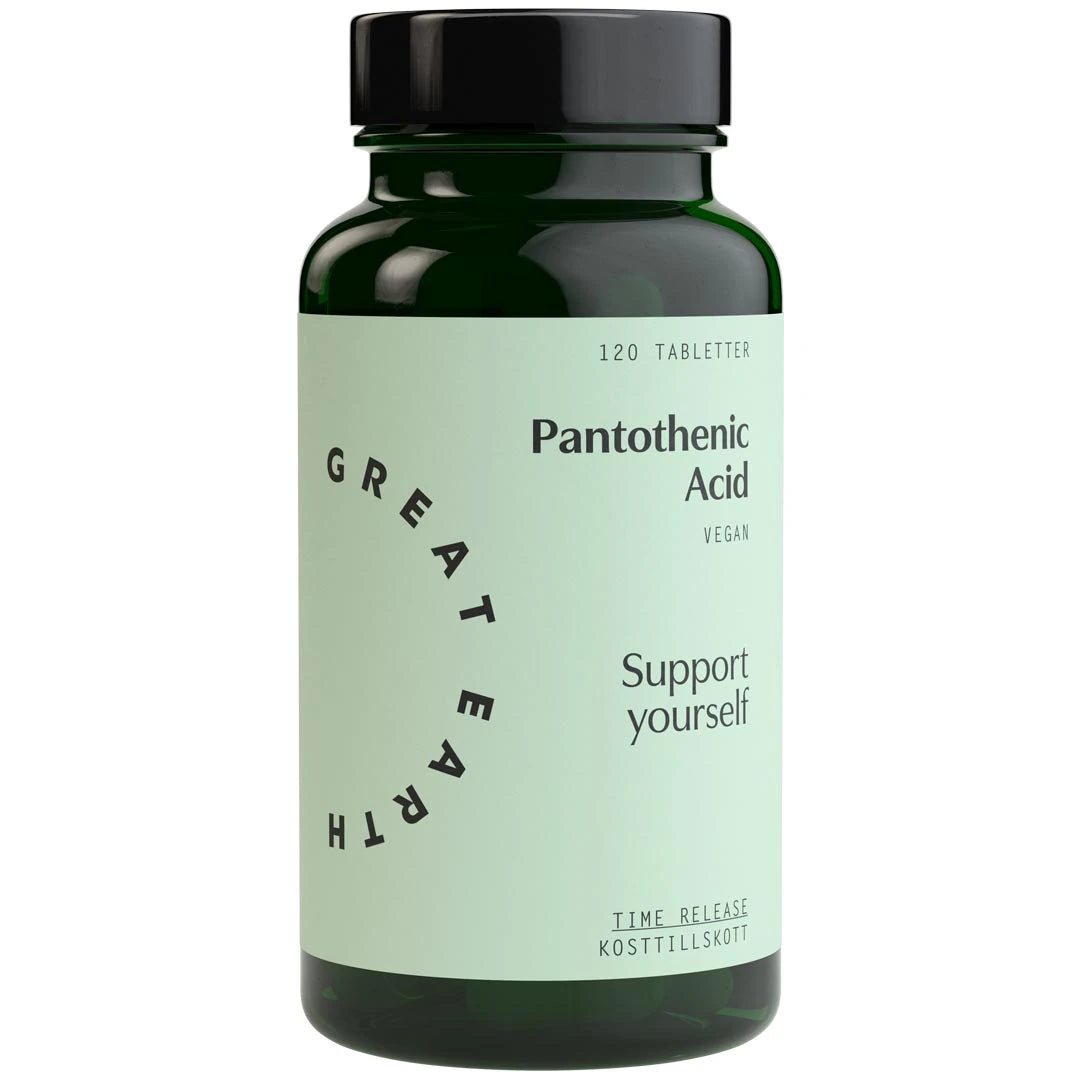 Great Earth Pantothenic Acid 120 tabs tummanvihreässä purkissa, jossa on vaaleanvihreä etiketti ja musta teksti.