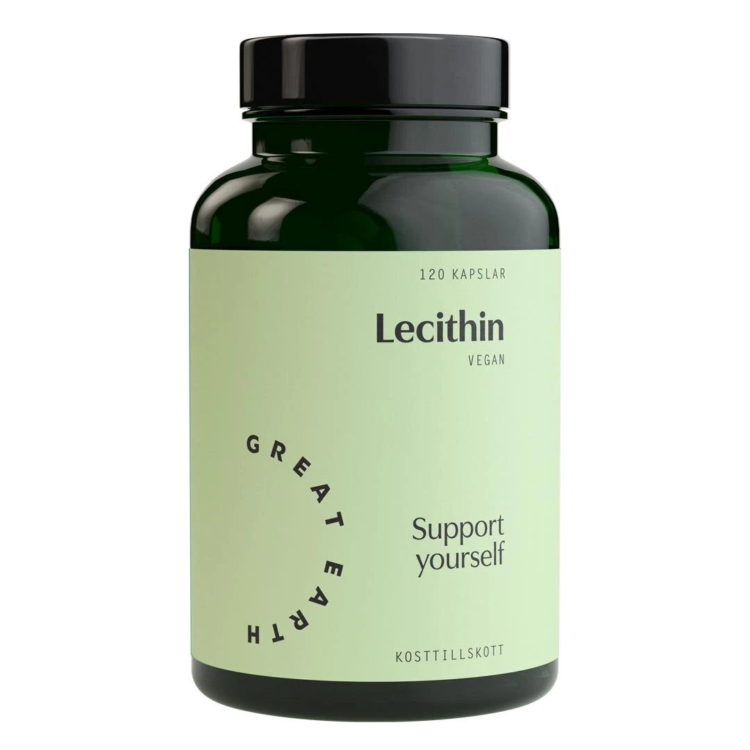 Great Earth Lecithin 120 caps -vegaaninen ravintolisä tummanvihreässä purkissa, jossa on vaaleanvihreä etiketti.