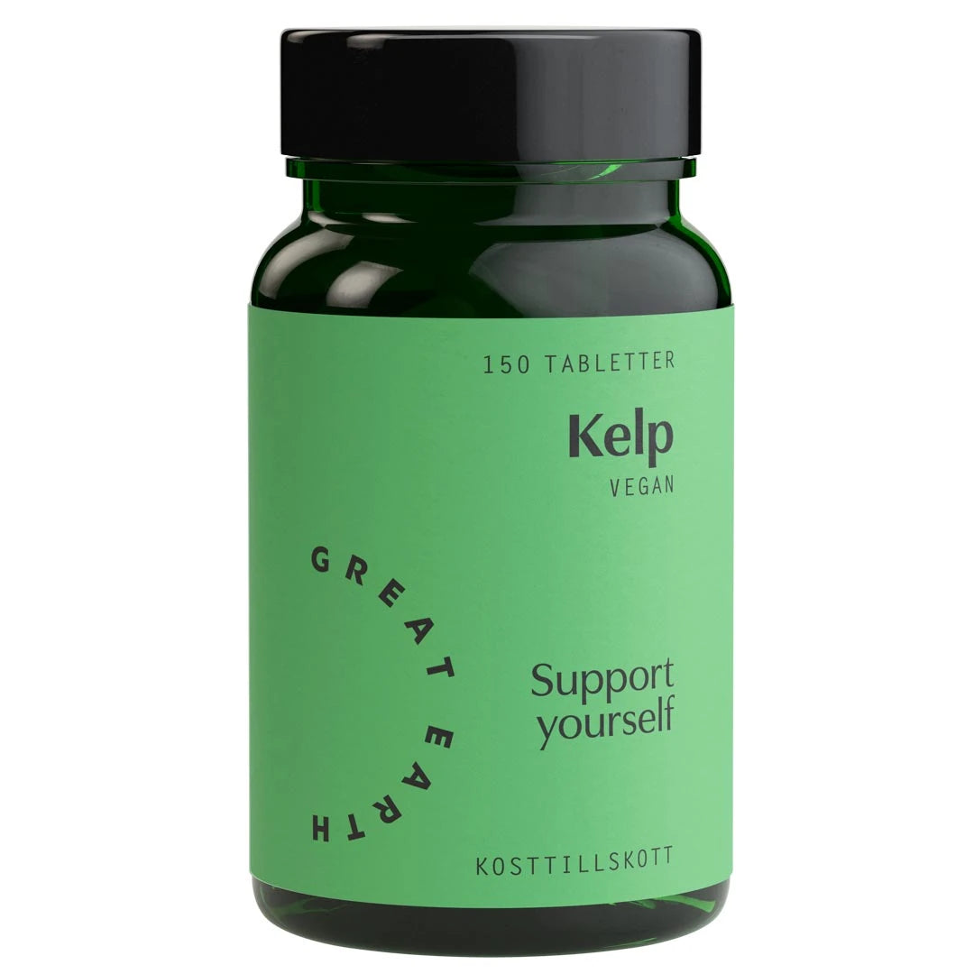 Vegaaninen Great Earth Kelp 150 tabs -ravintolisä tummanvihreässä purkissa, jossa on vaaleanvihreä etiketti.