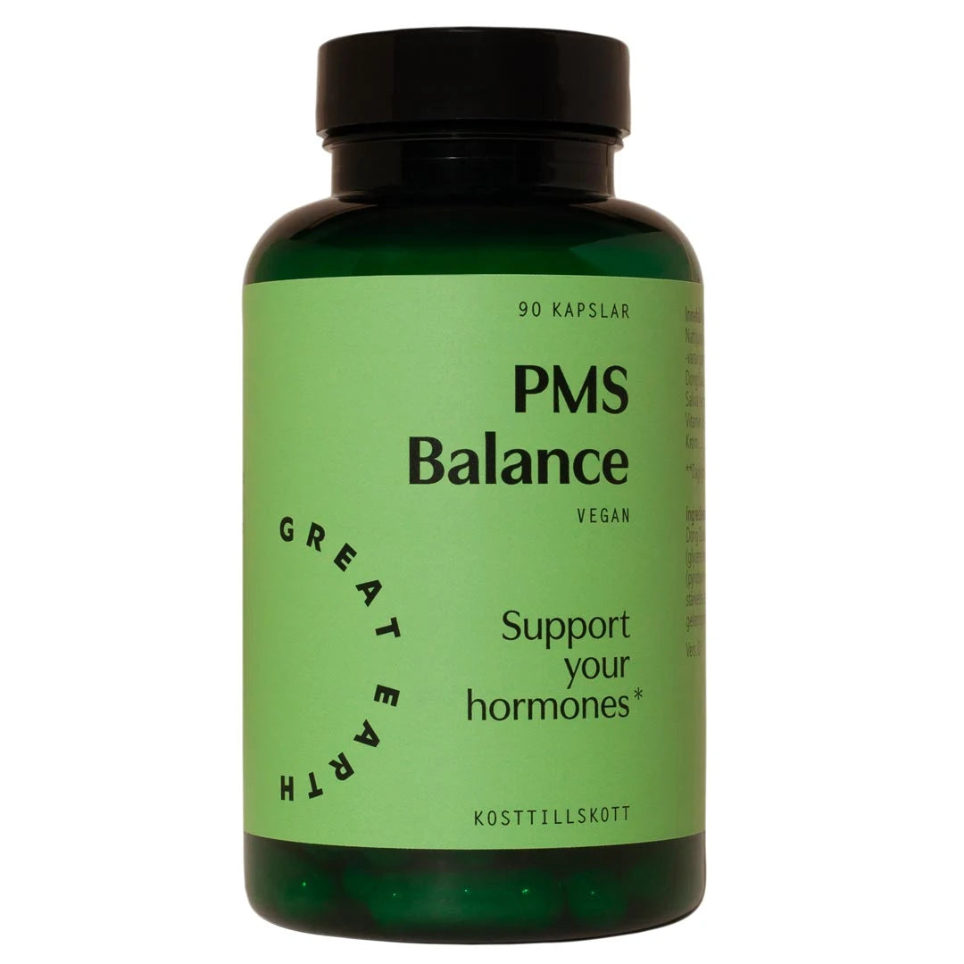 Great Earth PMS Balance 90 caps tummanvihreässä purkissa, jossa on vaaleanvihreä etiketti.