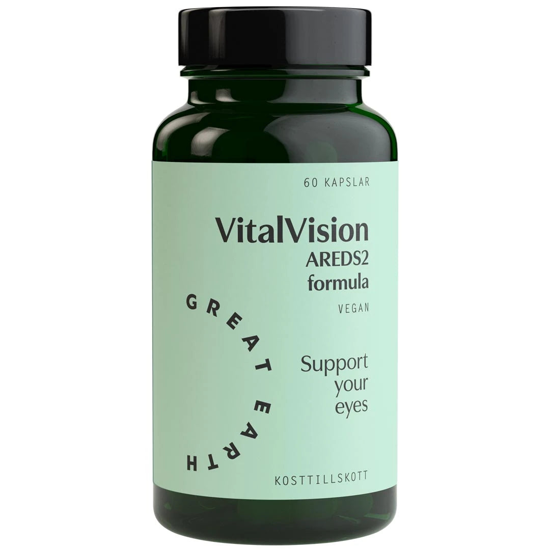 Great Earth VitalVision 60 caps tummanvihreässä purkissa, jossa on musta kansi ja vaaleanvihreä etiketti.