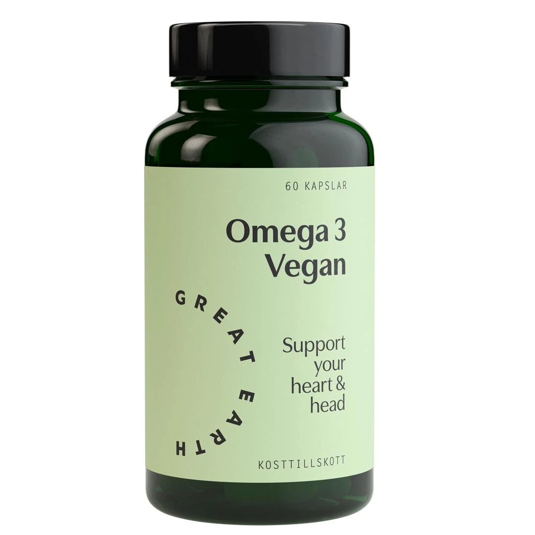Great Earth Omega 3 Vegan 60 caps tummanvihreässä purkissa, jossa on vaaleanvihreä etiketti ja musta teksti.