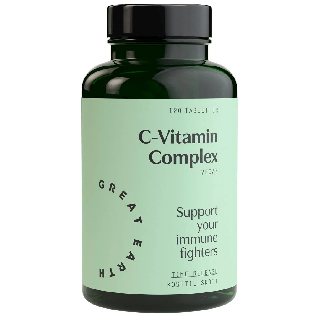 Great Earth C-Vitamin Complex 120 tabs tummanvihreässä muovipurkissa, jossa on vaaleanvihreä etiketti ja musta kansi.