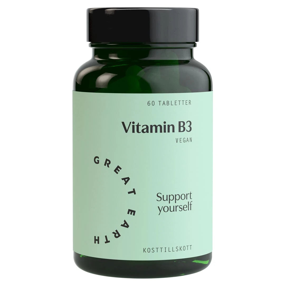 Great Earth Vitamin B3 60 tabs tummanvihreässä purkissa, jossa on vaaleanvihreä etiketti ja musta kansi.