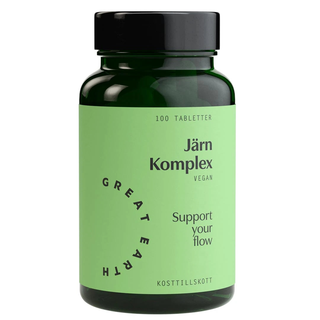 Tummanvihreä purkki vaaleanvihreällä etiketillä sisältää vegaaniset Great Earth Järn Komplex 100 tabs -rautatabletit.