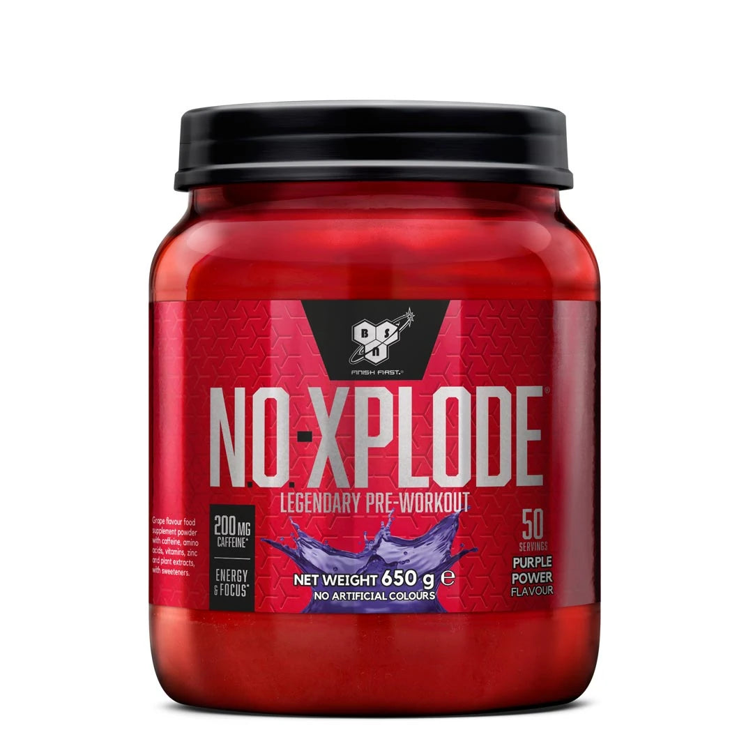BSN N.O. Xplode Legendary 650 g PWO-jauhe punaisessa purkissa mustalla kannella, makuna Purple Power.