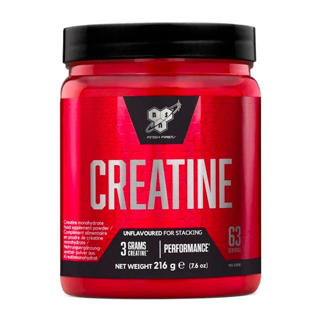 BSN DNA Creatine 216 g -kreatiinijauhe punaisessa purkissa mustalla kannella.
