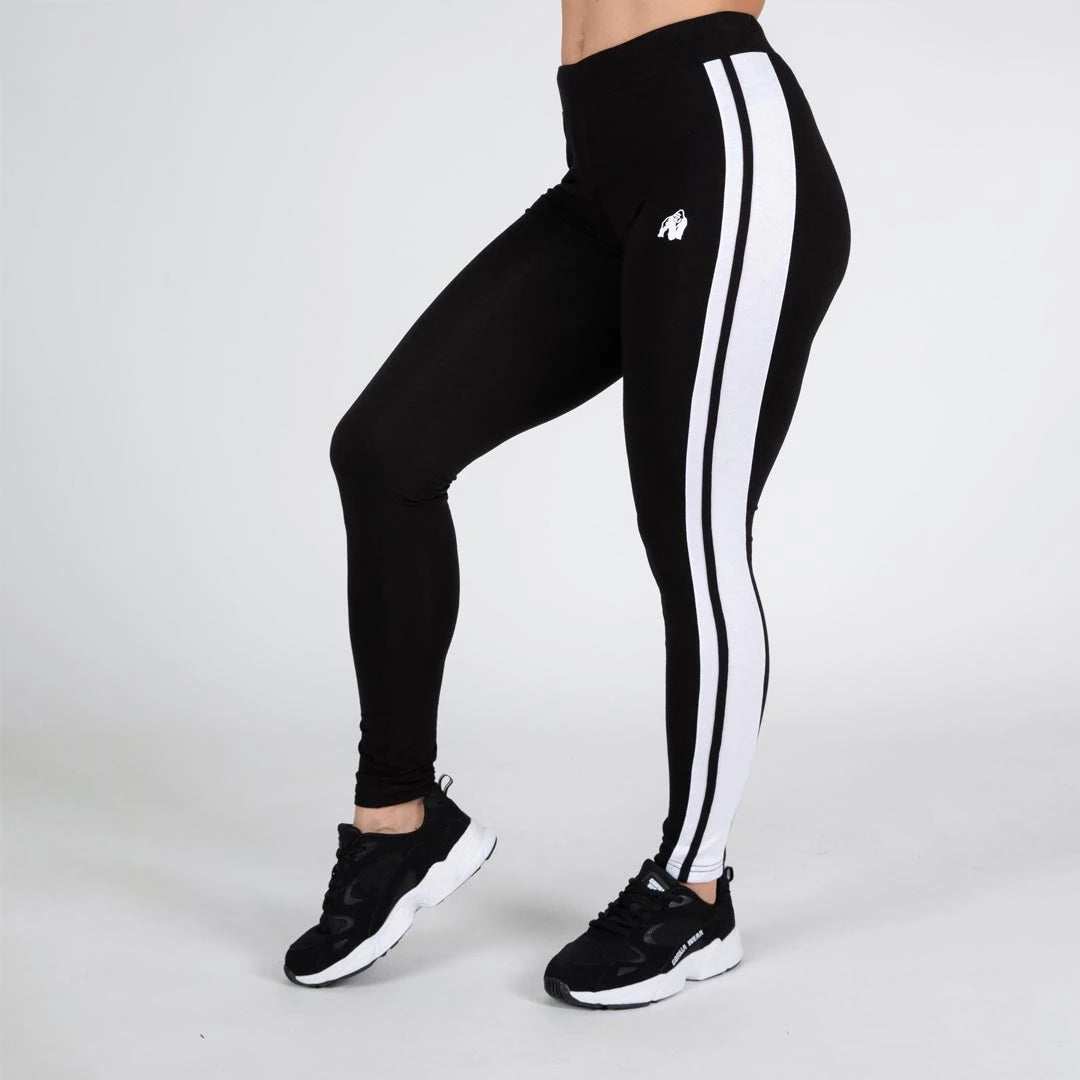 Gorilla Wear Hailey Leggings Black, mustat treenitrikoot valkoisilla sivuraidoilla ja logolla urheilulliseen tyyliin., kuva 4/5