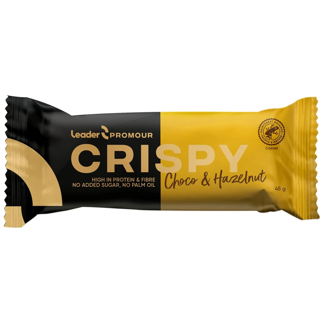 Leader Promour Crispy 45 g -proteiinipatukka musta-kultaisessa pakkauksessa, makuna Choco & Hazelnut.