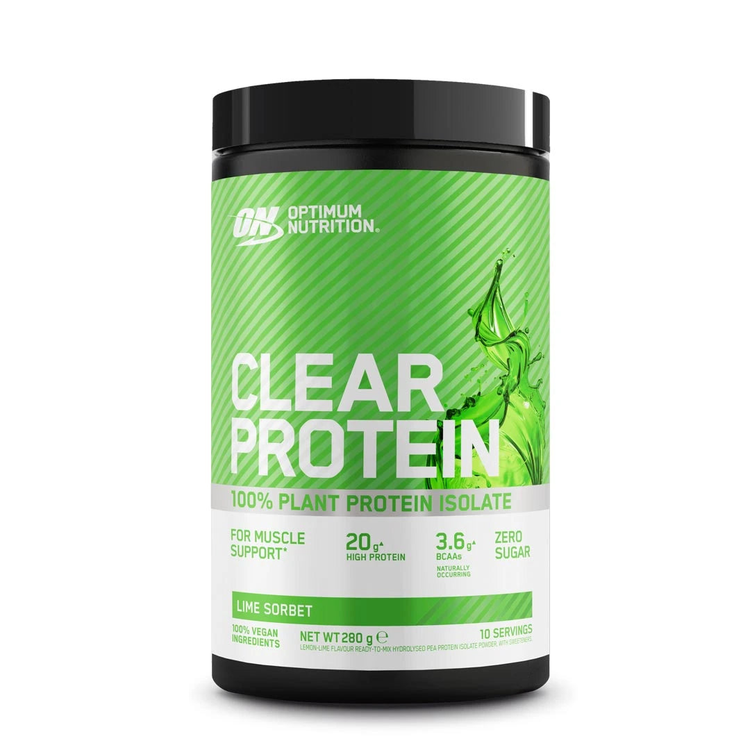 Optimum Nutrition Clear Protein 100% Plant Protein Isolate 280 g mustassa purkissa vihreällä etiketillä, makuna Lime Sorbet.