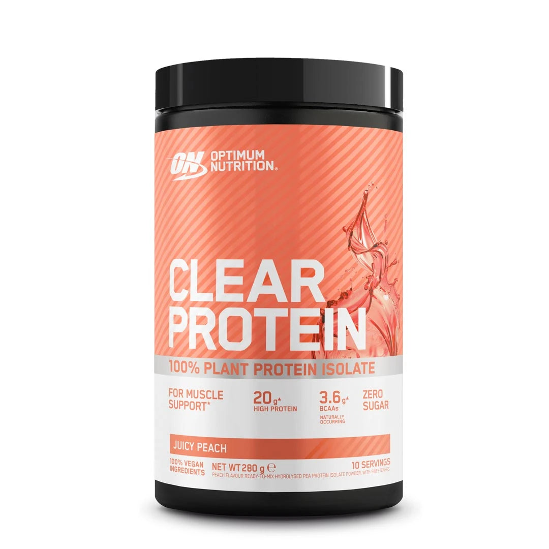 Optimum Nutrition Clear Protein 100% Plant Protein Isolate 280 g mustassa purkissa persikansävyisellä etiketillä, maku Juicy Peach.